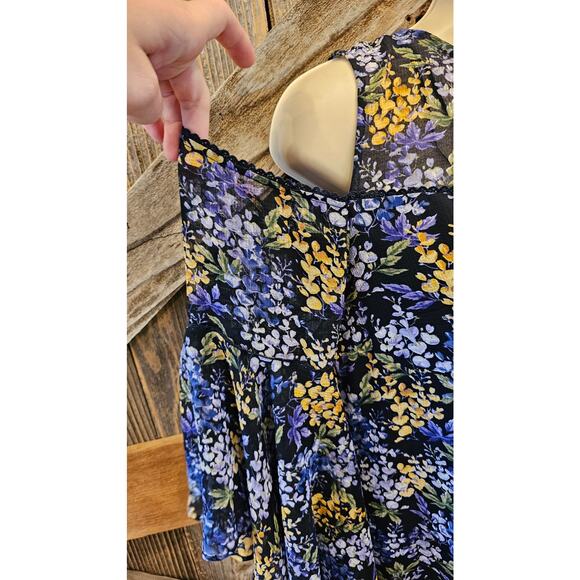 Cynthia Steffe Blue Yellow Floral Cold Shoulder Bell Sleeve ruffle dress size 0 - Picture 3 of 7
